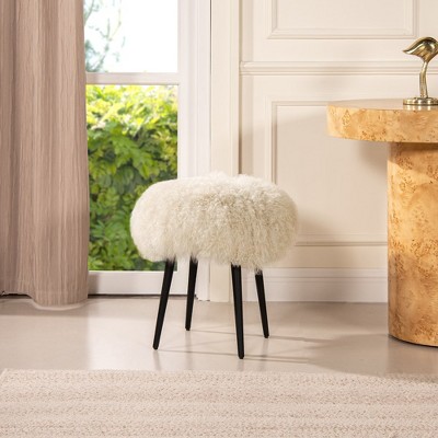 Dimensional Gray Mongolian Sheepskin Round Ottoman with Black Metal Legs