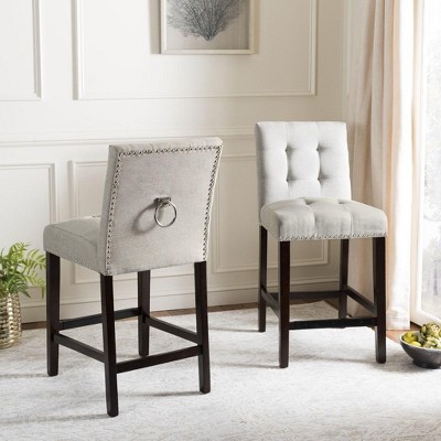 Light Grey Tufted Linen Counter Stools with Chrome Nail Head Trim