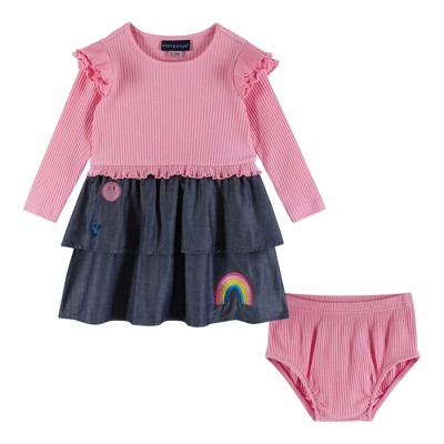 Andy & Evan  Infant  Pink Rib Knit Top w/Attached Chambray Tiered Skirt