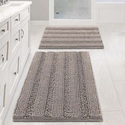 Attop Bathroom Rugs, Bath Mat Set of 2 Extra Thick Chenille Striped Pattern Shaggy Bath Rugs for Bath Room