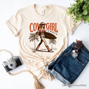 Cowgirl Summer Surf T-Shirt, Retro Western Beach White and Natural Tee for Free-Spirited Women| OrnamentallyYou - 1 of 4