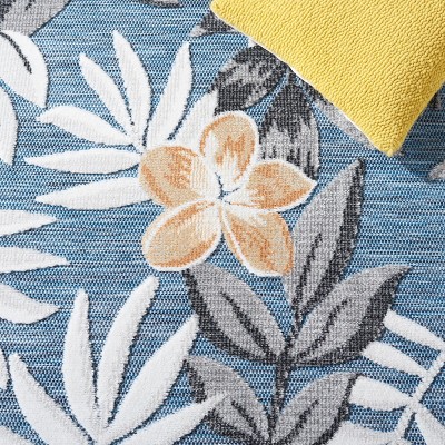 Blue and Grey Floral Synthetic Indoor/Outdoor Area Rug