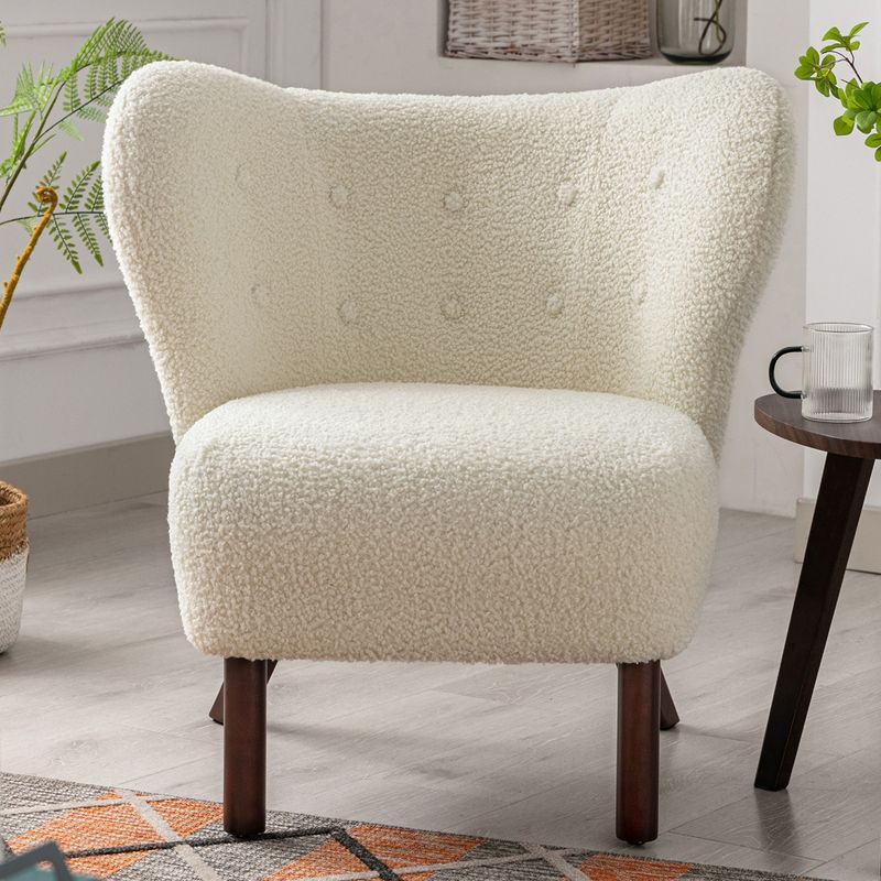 Modern Accent Chair Lambskin Wingback Tufted Side Chair with Solid Wood Legs-ModernLuxe, 3 of 13