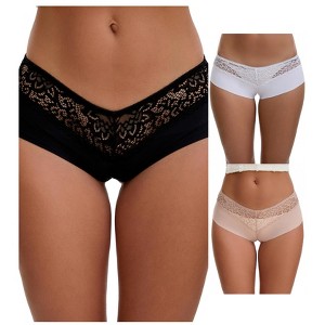 INSPIRE CHIC Women's Lace Ice Silk Hollow Out Mid Rise Comfort Boyshorts  Briefs 3 Packs - 1 of 4