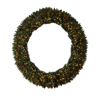 Nearly Natural 6’ Large Flocked Wreath with Pinecones, Berries, 600 Clear LED Lights and 1080 Bendable Branches