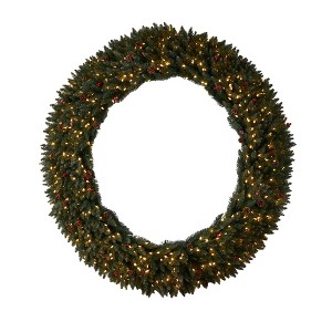 Nearly Natural 6’ Large Flocked Wreath with Pinecones, Berries, 600 Clear LED Lights and 1080 Bendable Branches - 1 of 4