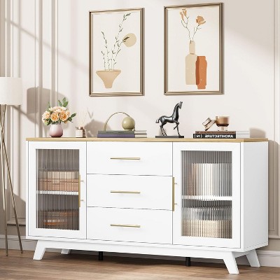 56" Sideboard Buffet - 2 Fluted Glass Doors & 3 Drawers, Modern Coffee Bar Cabinet for Kitchen/Dining - Natural