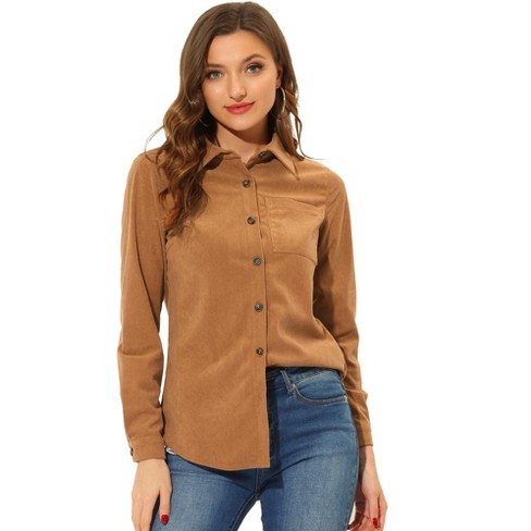 Allegra K Women's Corduroy Pocket Casual Long Sleeve Curved Hem Button Down  Shirts Brown X-Small