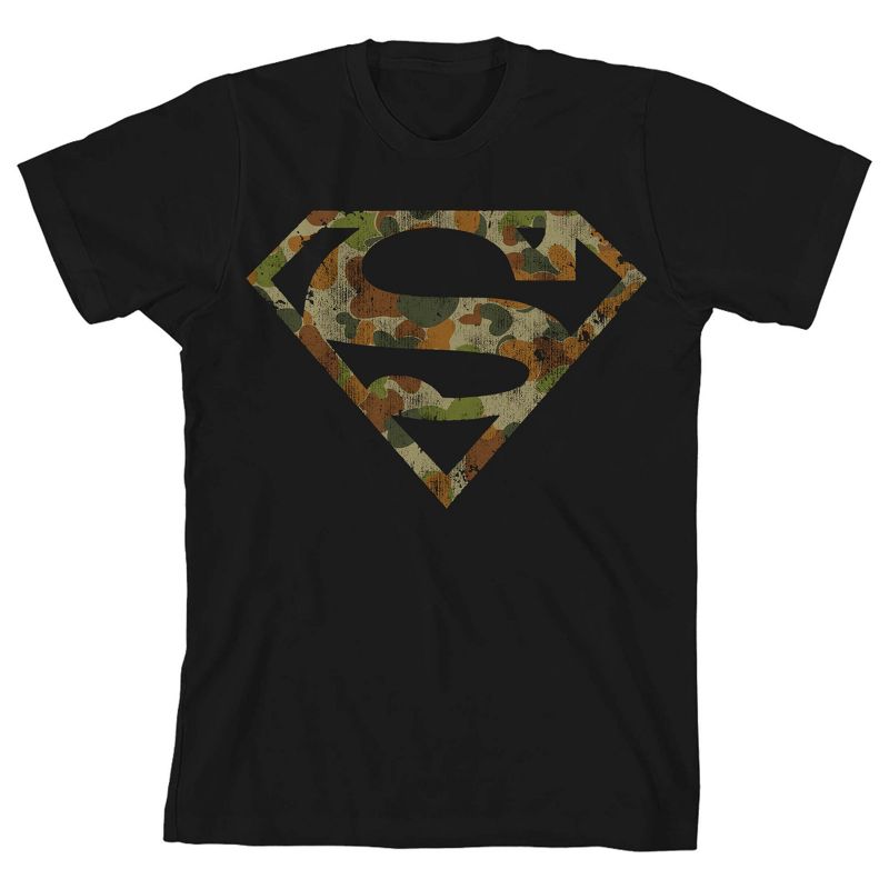 Superman Camo Logo Black T-shirt Toddler Boy to Youth Boy, 1 of 3