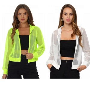 INSPIRE CHIC Women's Zip Up Long Sleeve Mesh Sheer Hoodie Bomber Jackets 2 Packs - 1 of 4