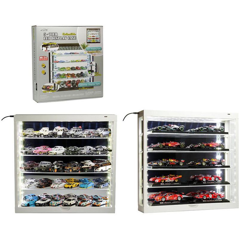 White Wall Mount 5-Tier Display Case with Mirror Back Panel