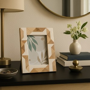 Geometric Picture Frame with Wood Border Accent - Modern Resin Tabletop Picture Frame for Console, Mantel, or Living Room Decor - 9", White & Brown - 1 of 4
