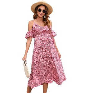 Clearlove Maternity Nursing Dress Womens V-Neck Spaghetti Strap Ruffle Sleeve Polka Dots A-Line Tiered Flowy Swing Dress - 1 of 4