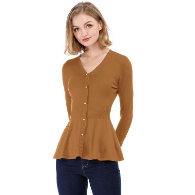 Allegra K Women's Slim Fit V-Neck Long Sleeve Ribbed Pullover Knitted Peplum Sweater
