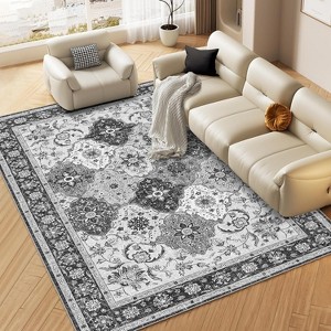 8'x10' Washable Boho Vintage Floral Rug, Non-Slip Backing, Low Pile, Foldable, Stain Resistant, Bedroom, Living Room, Guest Room, Office, Grey - 1 of 4