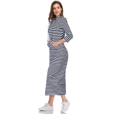 Womens Hoodie Sweat Dress 3/4 Sleeve Slim Fit Hooded Maxi Dress Stripe Summer Dress Soft Lounge Dress