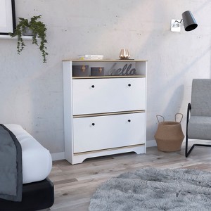 Kumasinova Shoe Cabinet with 2 Flip Drawers and Open Storage Shelf Modern Freestanding Shoe Organizer with Wooden Top for Entryway,Hallway - 1 of 4