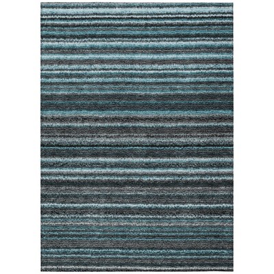 Teal Blue Sky Blue And Gray Striped Washable Indoor Outdoor Area Rug
