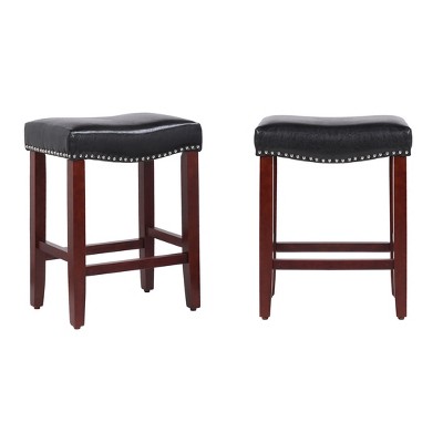 Modern Farmhouse 24" Black Leather Saddle Bar Stools, Set of 2