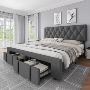 Full Size Bed Frame, Upholstered Platform Bed Frame with Storage Drawers, Mattress Foundation with Solid Wooden Slats Support, No Box Spring Needed - 1 of 4