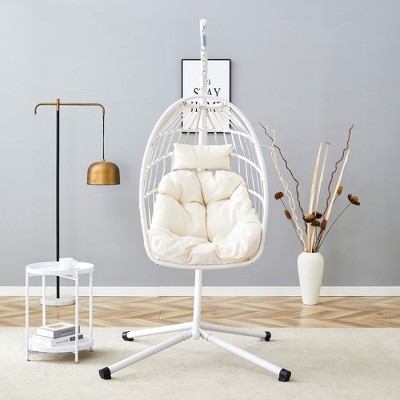Gulches White Heavy-Duty Iron Hanging Chair with Wicker Weave ¨C Single Person Swing for Indoor/Outdoor