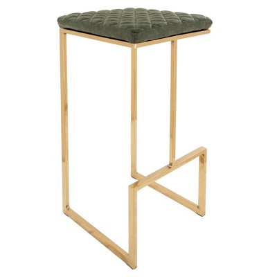 LeisureMod Quincy Modern Quilted Leather Bar Stool – Gold Metal Sled Base Counter Height Chair for Kitchen Island and Counter Seating