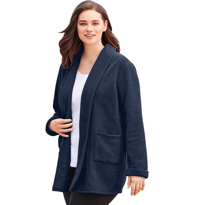 Woman Within Plus Size Microfleece Cardigan Shawl Collar Oversized Long Open Jacket, 1 of 2