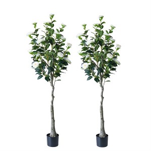 GustoWave 2pcs Artificial Camellia Tree - Realistic Camellia Leaves, White Camellia Flowers, Potted Camellia Tree, Indoor Home Decor Plant - 1 of 4