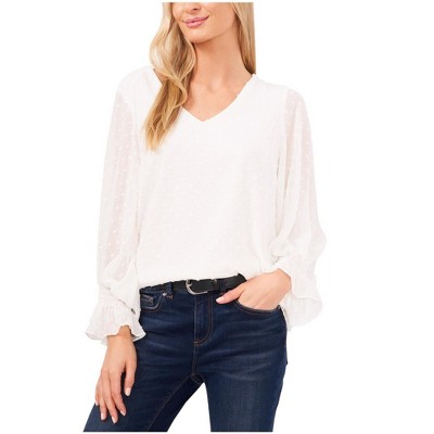 Vince Camuto Womens Clip Dot Smocked Cuff Ruffled Blouse, White, X-Small