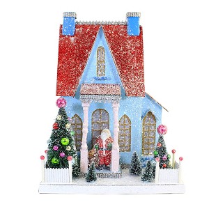 13.75 In Holly Jolly Christmas House Putz Santa With Bag Village Buildings - 1 of 3
