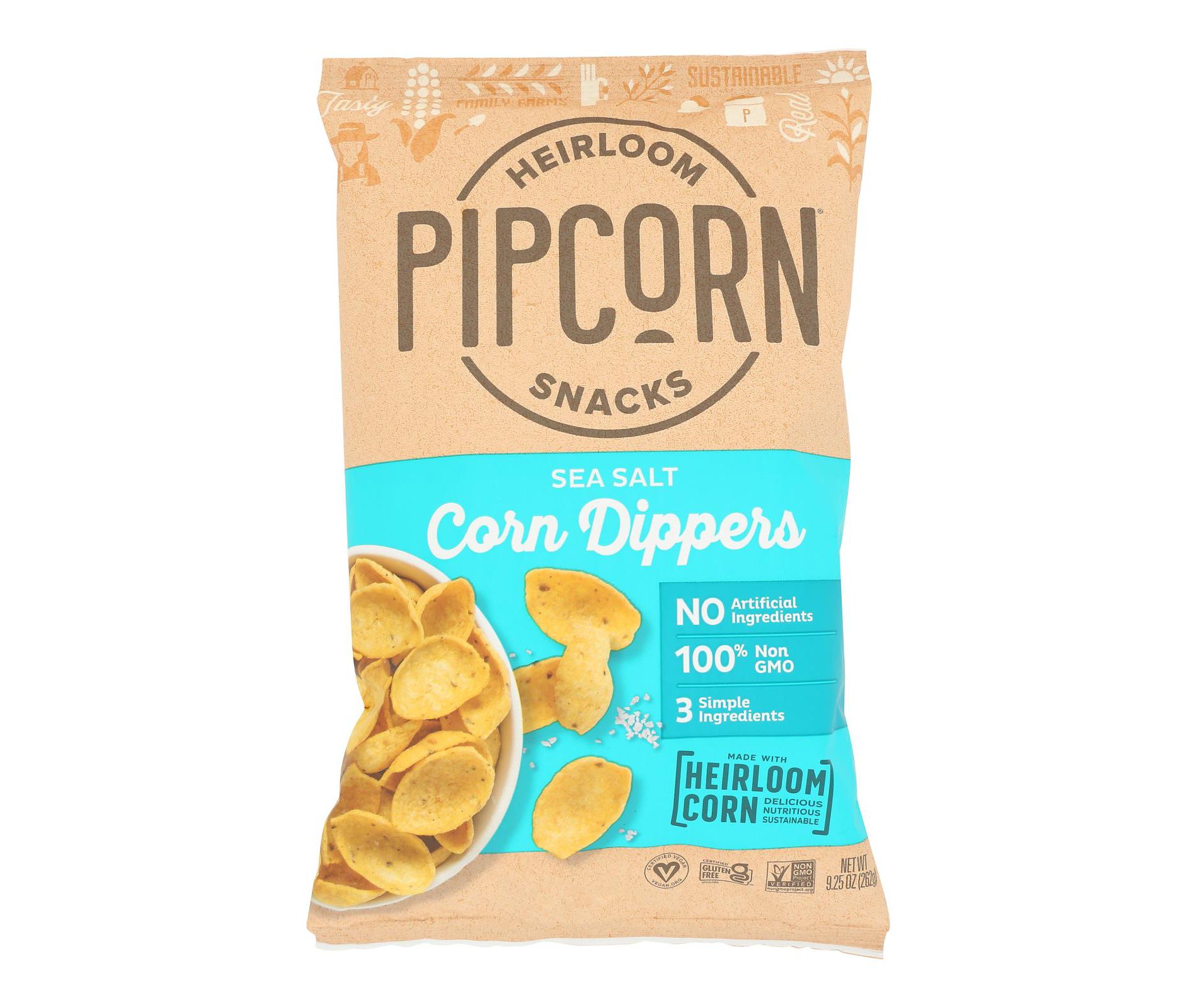 Pipcorn Snack, Heirloom Corn Dippers, Sea Salt - Case of 12 - 9.25 oz