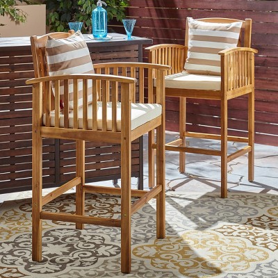 Natural Acacia Wood Outdoor Barstools with Cream Cushions