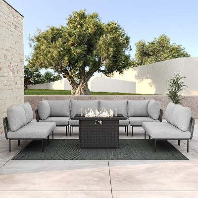 LayinSun 9 Pieces Rope Woven Patio Furniture Set, Modern Modular Sectional Sofa with Fire Pit Table and Upgrade Thickness Cushion
