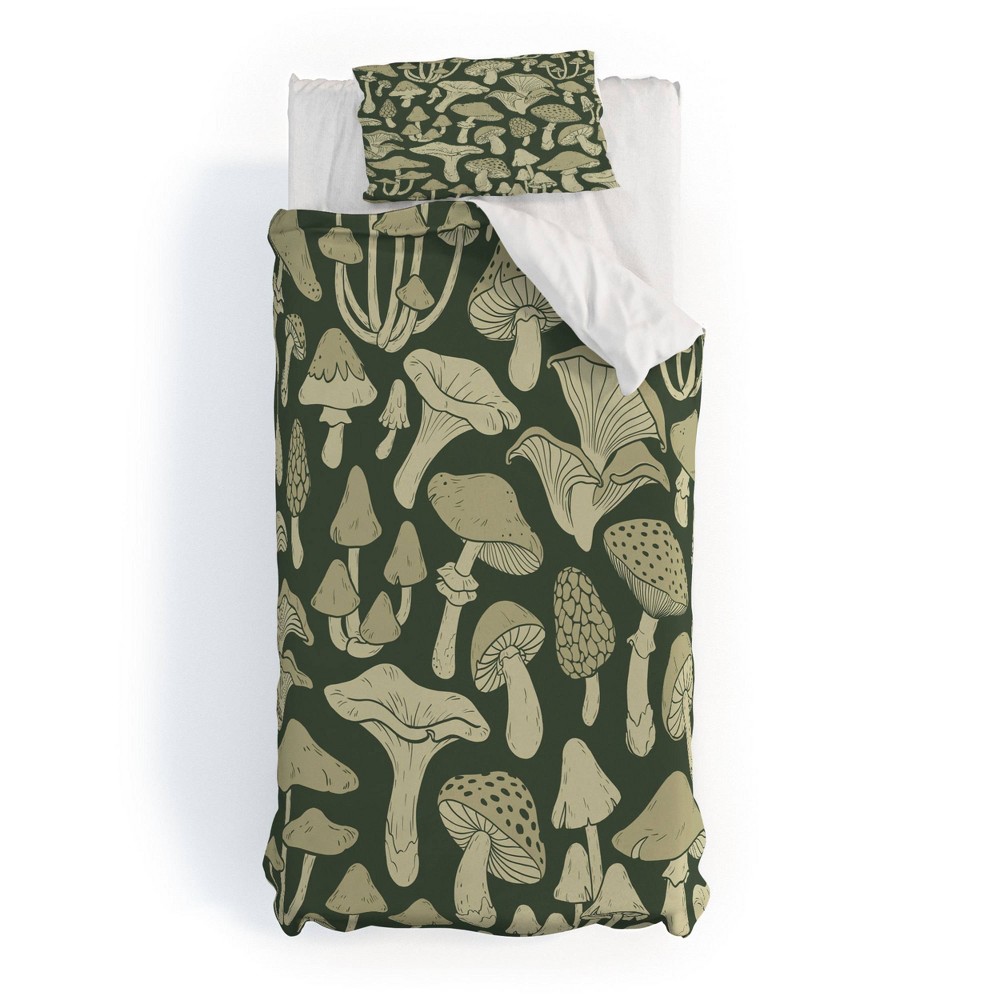 Photos - Duvet Deny Designs Twin/ Twin Extra Long Avenie Mushroom In Black Forest  Cover and Pillow Sham Green