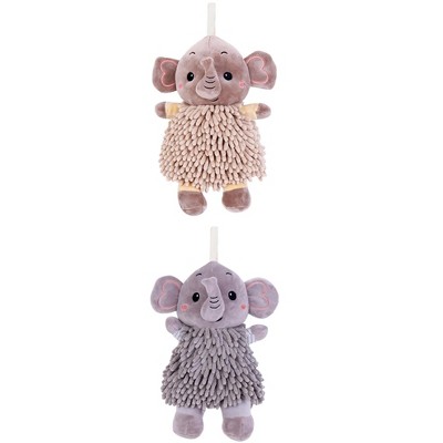 REGALWOVEN 2 Packs Soft Absorbent Chenille Cute Cartoon Elephant Hand Towel with Hanging Loop 7" x 11"