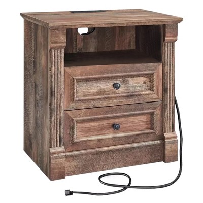 SinCiDo 26" H Farmhouse Nightstand w/ Charging Station 23.6" W Rustic End Table Roman Column,Open Shelf,2 Drawers & Metal Handles