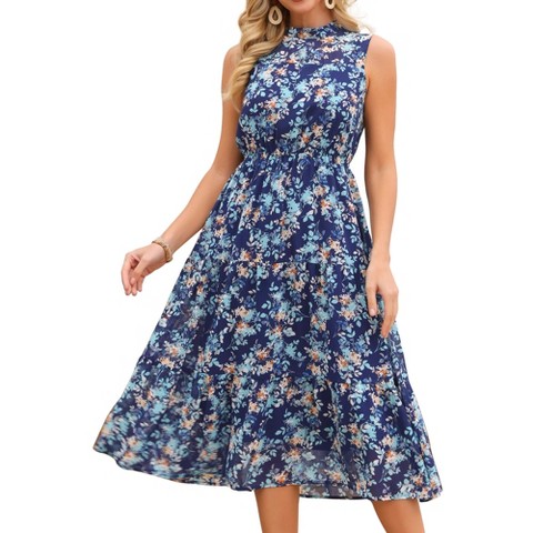 Женские платья INSPIRE CHIC Women's Summer Floral Sleeveless Mock Neck Wedding Guest Party A-Line Midi Dress Small Navy Blue
