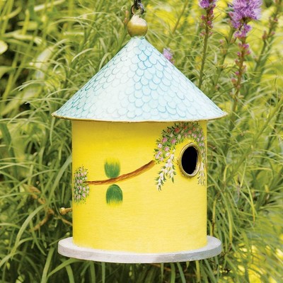 Yellow Hand-Painted Iron and Wood Cottage Birdhouse