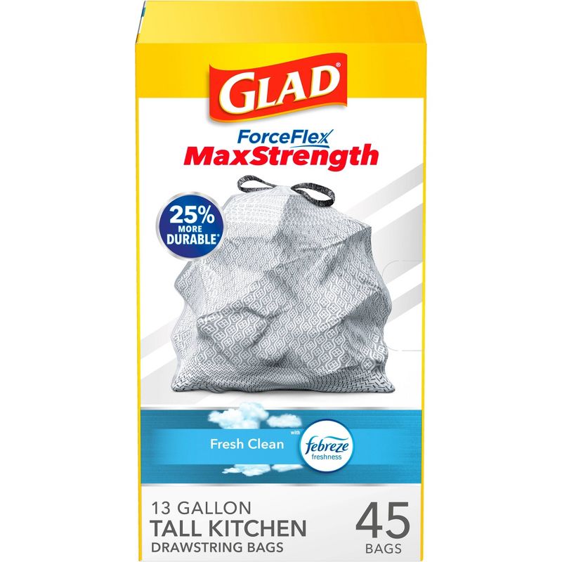 Glad ForceFlex MaxStrength Tall Kitchen Drawstring Trash Bags - White Febreze Fresh Clean - 13 Gallon/45ct, 1 of 12