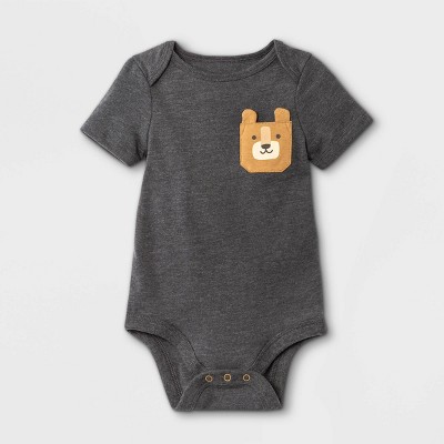Image of Baby Boys' Animal Short Sleeve Bodysuit with Pocket - Cat & Jack™ Charcoal Gray 3-6M