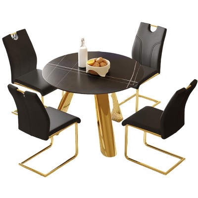 Infurnic Dining Sets Round Table Paired with Four Uniquely designed Black Dining Chairs With Golden Metal Leg , Black, 42"*42"*29.5"