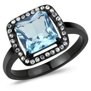 Slickblue Women’s Black Plated Stainless Steel Ring, Sea Blue Glass Center, Halo Engagement Look, Sizes 5-10 - 1 of 4