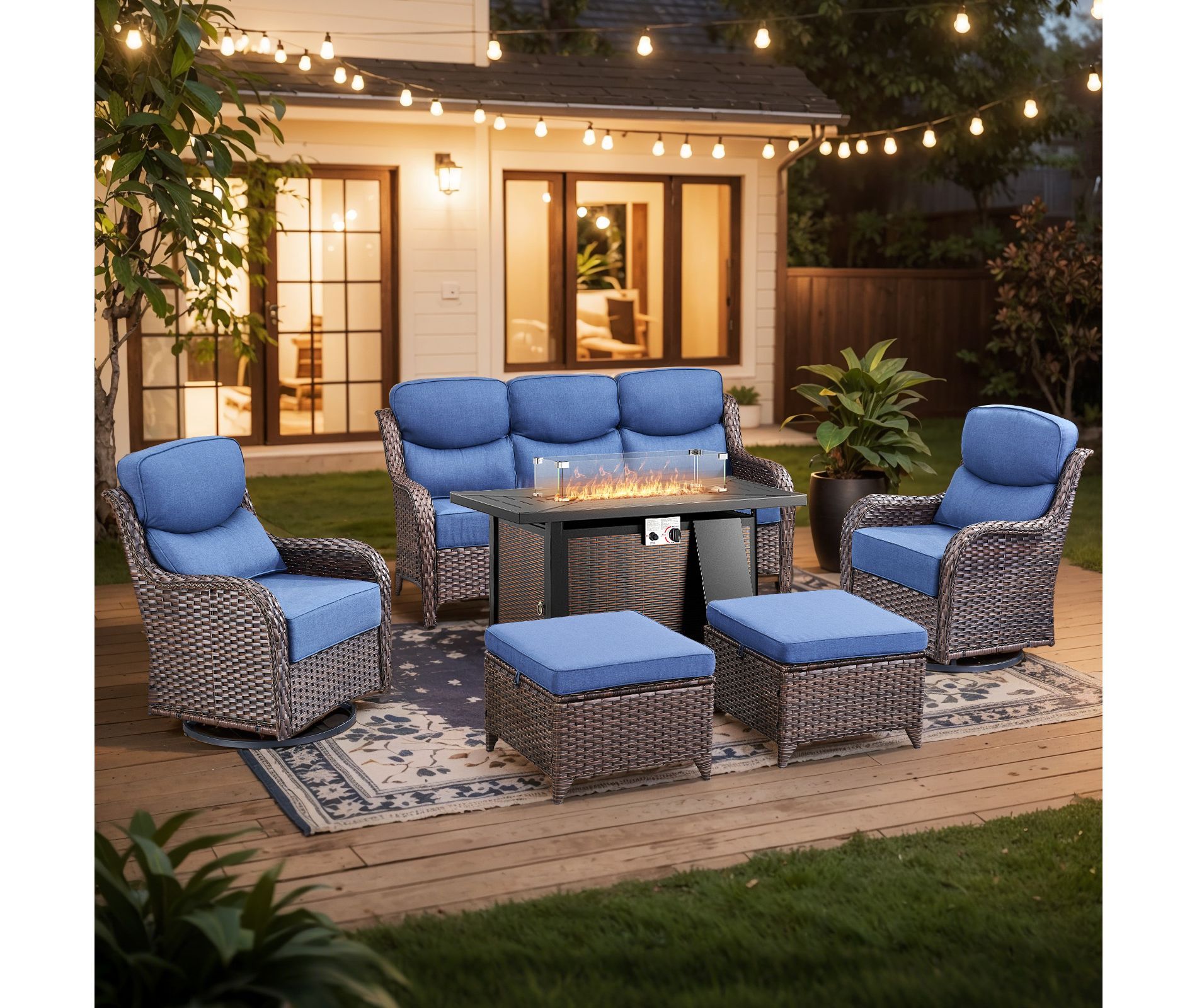 Gymojoy 6 Pieces/7 Pieces Outdoor Fire Pit Table w/ Patio 6in Sofa Swivel Chairs Table Ottoman Set