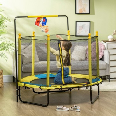 HFYee 4.6FT Trampoline Indoor 55" Toddler Trampoline for Kids 3-10 Years with Net and Basketball Hoop, Horizontal Bar, Indoor Outdoor, Yellow