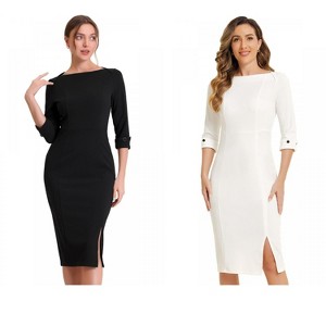 INSPIRE CHIC Women's Elegant Boat Neck 3/4 Sleeves Work Midi Split Sheath Dress 2 Packs - 1 of 4