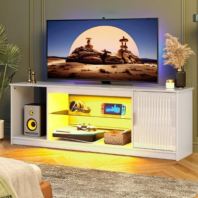 Bestier 57" Modern Media Console with Adjustable shelf, LED Fluted TV Stand for 65 Inch TV, Glossy TV Console with Cabinet