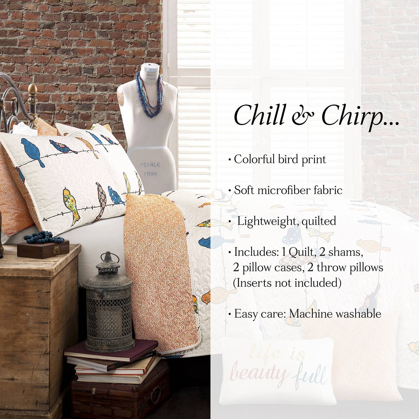 Комплект с покрывалом Lush Decor 7pc King Rowley Birds Quilt Set Orange/Dark Blue/White - Lush Décor: Reversible Hypoallergenic Farmhouse Bedding, цвет: Оранжевый — фото 6