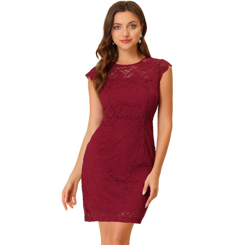 Allegra K Women's Elegant Stretch Knit Cap Sleeve Allover Floral Lace Bodycon Dress, 1 of 6
