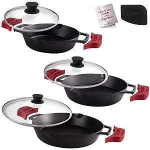 Cuisinel Cast Iron Skillet Set- 8",10",12" Dual Handle Fry Pans w/ Glass Lid & Silicone Cover, Pre-Seasoned, Oven Safe, Grill, Stovetop, Induction Use - 1 of 4