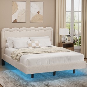 Dyonery Queen Size Boucle Bed Frame with LED Light,Floating Bed Frame with Waved Headboard & Sturdy Metal Frame,No Box Spring Noise-Free,Easy Assembly - 1 of 4